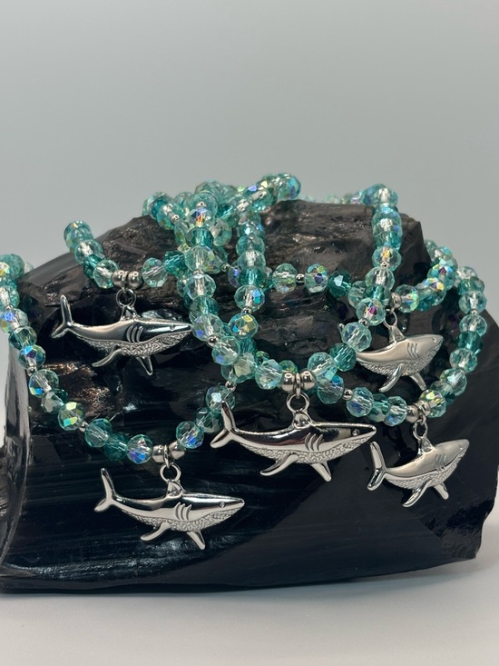 Jewelry - *ANKLET* S. Steel Silver Shark with Blue Crystal Stretchy Anklet